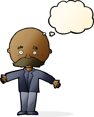 Bir insan tarafından çizilmiş düşünce baloncuğuyla açık kollu kel bir adam.