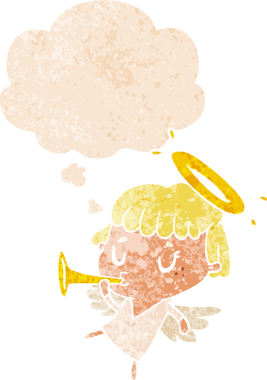 Düşünce baloncuklu karikatür meleği grunge dertli eski moda bir insan tarafından çizilmiş.