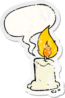 Konuşma baloncuğu olan çizgi film mumu bir insan tarafından çizilmiş sıkıntılı eski bir çıkartma