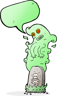 Bir insan tarafından çizilmiş konuşma balonuyla mezardan yükselen karikatür hayaleti.