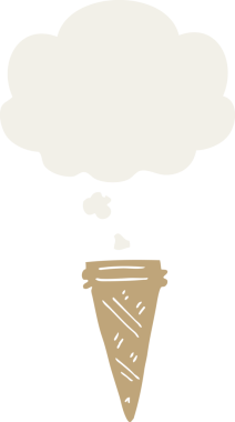 Düşünce baloncuklu çizgi film dondurma külahı insan tarafından çizilmiş.