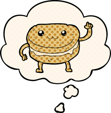 Çizgi roman tarzında bir insan tarafından çizilmiş düşünce balonlu pasta karakterini sallayan çizgi film.