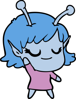 Bir insan tarafından çizilmiş gülümseyen uzaylı kız çizgi filmi.