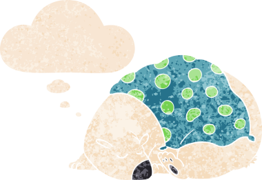 Karikatür kutup ayısı bir insan tarafından çizilmiş grunge 'de düşünce baloncuğuyla uyuyor.