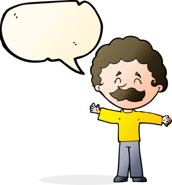 Bir insan tarafından çizilmiş konuşma balonlu bıyıklı çizgi film çocuğu.