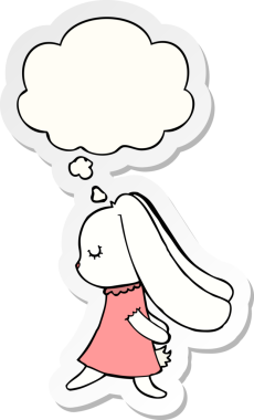 Bir insan tarafından çizilmiş bir çıkartma gibi düşünce balonlu şirin çizgi film tavşanı.