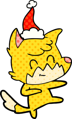 Bir insan tarafından çizilmiş Noel Baba şapkası giymiş bir tilkinin el çizimi çizgi roman tasviri.