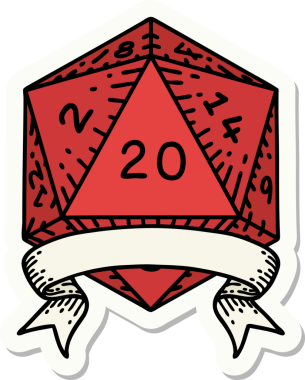 Bir insan tarafından çizilmiş 20 kritik vuruşluk D20 zar etiketi.