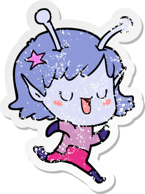 Bir insan tarafından çizilmiş mutlu uzaylı kız çizgi filminin sıkıntılı çıkartması.