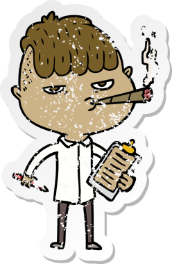 Bir insan tarafından çizilmiş sigara içen bir karikatür satıcısının sıkıntılı çıkartması.