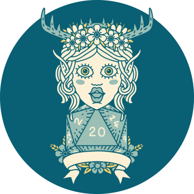 Retro Dövme Tarzı Elf Karakteri Bir insan tarafından çizilmiş doğal 20 zar ile