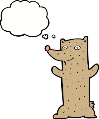 Bir insan tarafından çizilmiş düşünce baloncuklu komik çizgi film ayısı.