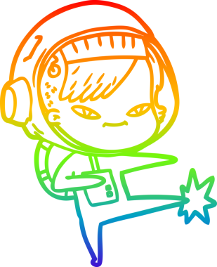 Gökkuşağı gradyan çizgi çizimi bir insan tarafından çizilmiş astronot bir kadın.