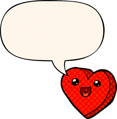 Bir insan tarafından çizilmiş çizgi roman tarzında konuşma balonu olan kalp çizgi film karakteri.