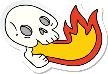 Ateş püskürten bir el çıkartması. Bir insan tarafından çizilmiş tuhaf bir kafatası.