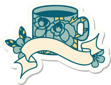 Bir fincanın pankartıyla dövme stili çıkartması ve bir insanın çizdiği çiçekler