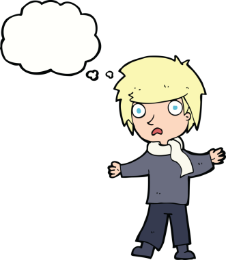 Bir insan tarafından çizilmiş düşünce baloncuğu olan mutsuz bir çocuk.