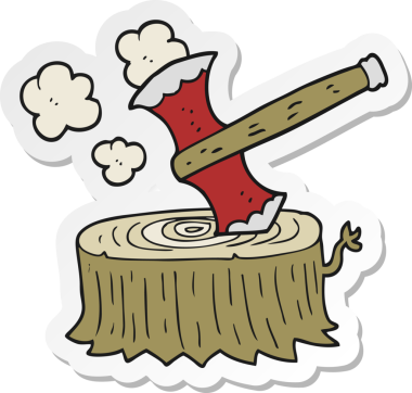 Bir insan tarafından çizilmiş ağaç kütüğü ve baltanın çıkartması.