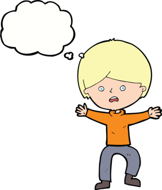 Bir insan tarafından çizilen düşünce baloncuğuyla panikleyen çizgi film çocuğu.