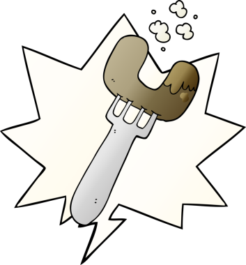 Çizgi film sosisi çatal üzerinde konuşma baloncuğu ile bir insan tarafından çizilmiş düzgün gradyan stil.