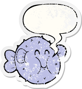 Sözcük baloncuklu balon balığı bir insan tarafından çizilmiş sıkıntılı eski bir çıkartma.