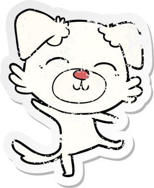 Bir insan tarafından çizilmiş mutlu bir dans yapan çizgi film köpeğinin sıkıntılı çıkartması