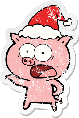 Bir insan tarafından çizilmiş Noel Baba şapkasıyla bağıran bir domuzun kederli çıkartması.