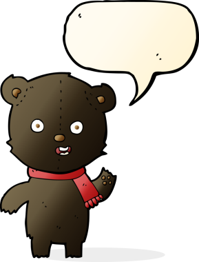 Bir insan tarafından çizilmiş konuşma balonlu siyah ayı yavrusunu sallayan çizgi film.