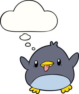 Bir insan tarafından çizilmiş düşünce baloncuklu sevimli penguen.