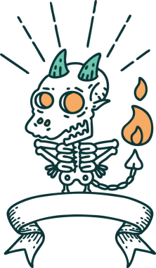 Dövme stili, iskelet şeytan karakterli bir parşömen. Bir insan tarafından çizilmiş.