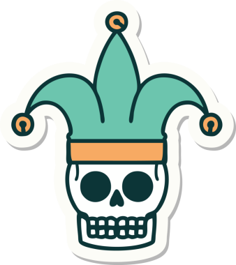 Bir insan tarafından çizilmiş geleneksel bir kafatası soytarısı stili dövme çıkartması.