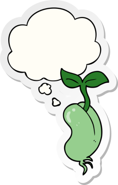 Düşünce baloncuğuyla filizlenen çizgi film tohumu insan tarafından çizilmiş bir çıkartma gibi.