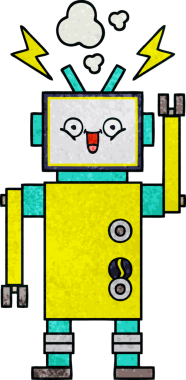 Bir insan tarafından çizilmiş mutlu bir robotun retro grunge dokusu.