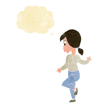 Bir insan tarafından çizilmiş düşünce baloncuğuyla el sallayan çizgi film kadını.