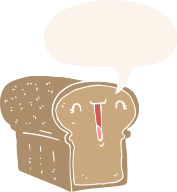 Bir insan tarafından çizilmiş, konuşma baloncuklu tatlı bir ekmek karikatürü.