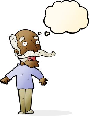 Bir insan tarafından çizilen düşünce baloncuğuyla şaşırmış yaşlı adam çizgi filmi.