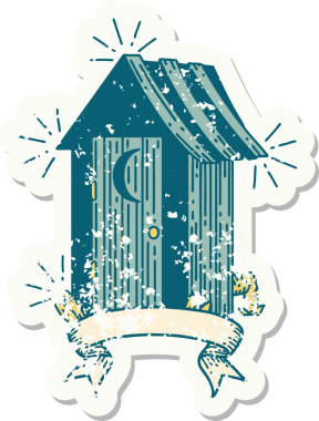 Dövme stili eski bir çıkartma. Bir insan tarafından çizilmiş açık hava tuvaleti.