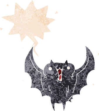 çizgi film mutlu vampir yarasa konuşma balonu ile grunge sıkıntılı retro tarzı bir insan tarafından çizilmiş