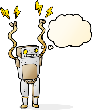 Bir insan tarafından çizilmiş düşünce baloncuklu komik robot.