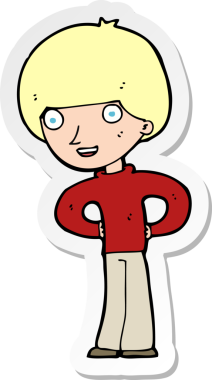 Bir insan tarafından çizilmiş kalçasında elleri olan mutlu bir çocuğun çıkartması.