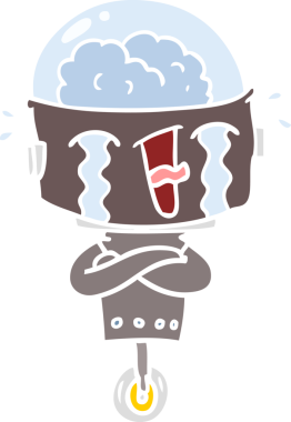 Bir insan tarafından çizilmiş düz renkli karikatür ağlayan robot.