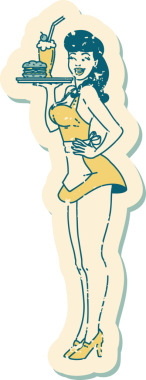 Geleneksel stil yapıştırmalı dövmeli, bir insan tarafından çizilmiş garson kız resmi.