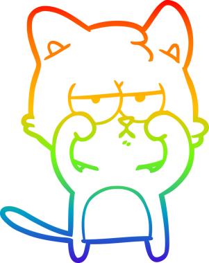 Gökkuşağı gradyan çizgi çizimi yorgun bir çizgi film kedisinin insan tarafından çizilmiş gözlerini ovuşturması