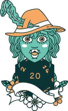 Retro Dövme Tarzı Bir insan tarafından çizilmiş 20 zarlı yarı ork ozan karakteri