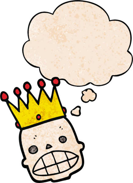 Bir insan tarafından çizilmiş grunge desenli bir düşünce baloncuğu ile kaplanmış tuhaf kafatası suratlı çizgi film.