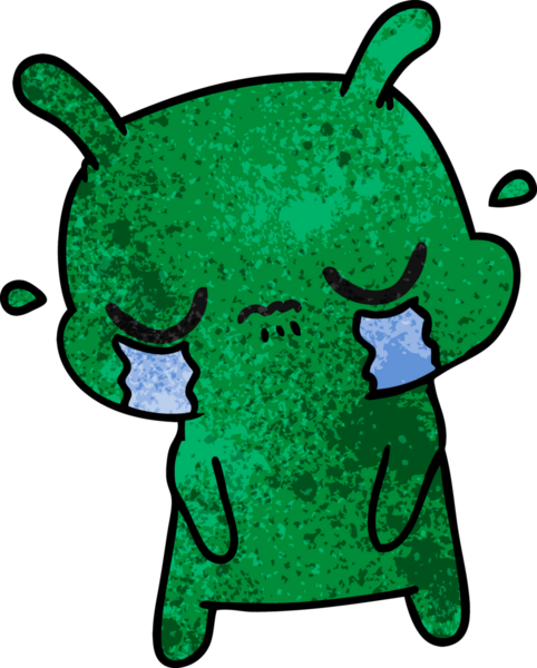 Bir insan tarafından çizilmiş, el yazısıyla çizilmiş şirin, üzgün bir uzaylı karikatürü.