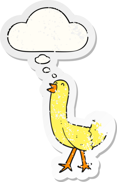 Düşünce baloncuğu olan çizgi film kuşu insan tarafından çizilmiş yıpranmış bir çıkartma gibi.