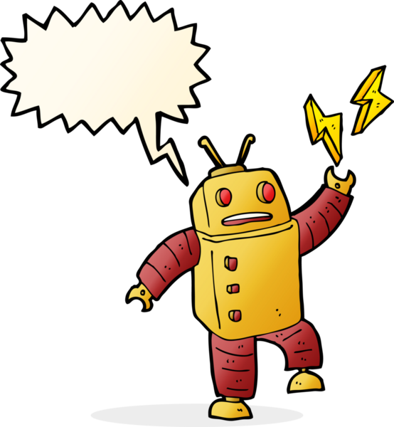 Bir insan tarafından çizilmiş konuşma balonu olan çizgi film robotu.