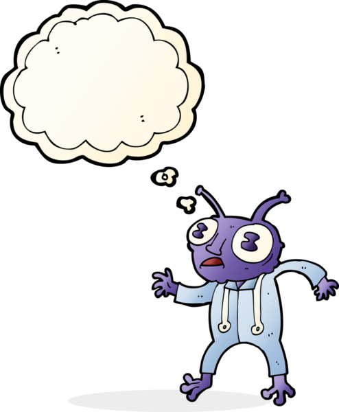 Bir insan tarafından çizilmiş düşünce baloncuğu olan uzaylı uzay adamı çizgi filmi.