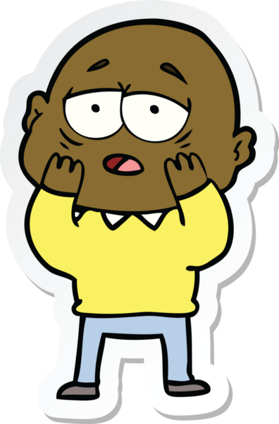 Bir insan tarafından çizilmiş, yorgun, kel bir adamın çıkartması.